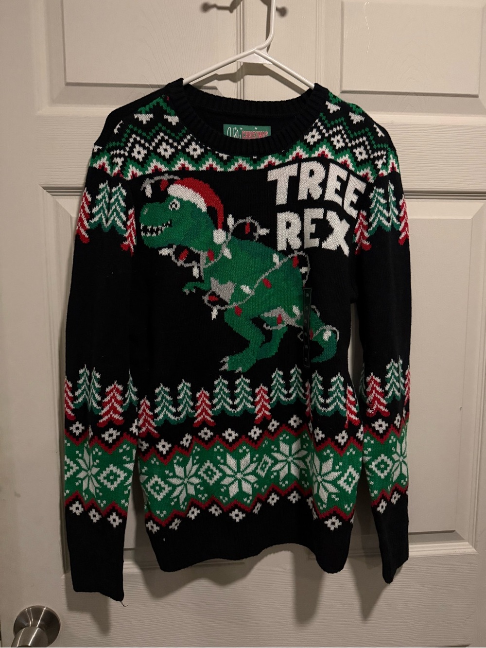 Ugly Christmas Sweater Men's Black Crewneck with Green Dino 'TREE REX' Graphic